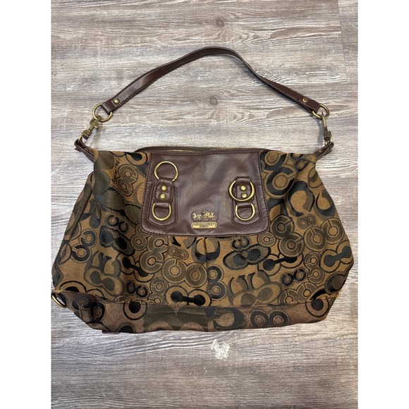 Vintage Coach Shoulder Bag Hobo Purse Brown Black Signature Print Handbag - Picture 1 of 4